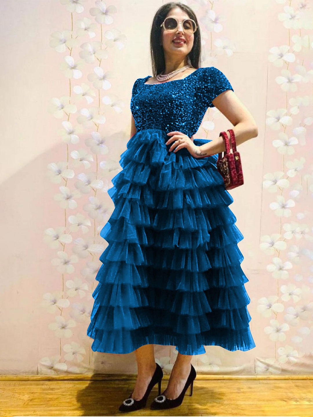 

RebikaTrendz Embellished Velvet Fit & Flare Midi Dress, Blue