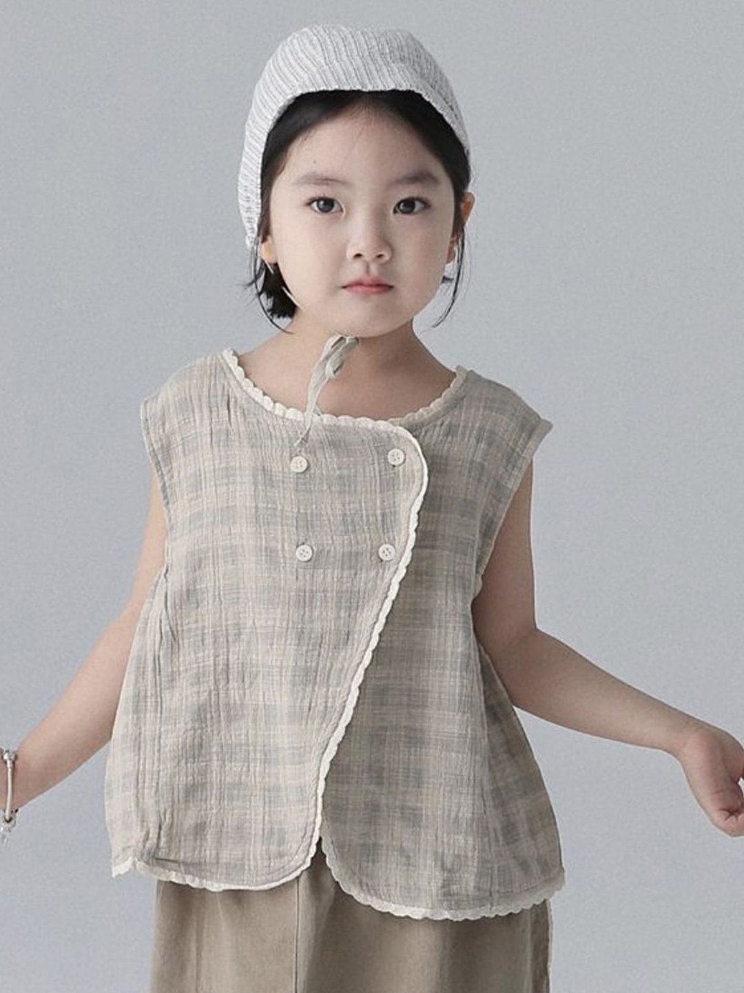 

LULU & SKY Checked Extended Sleeves Cotton Top, Beige