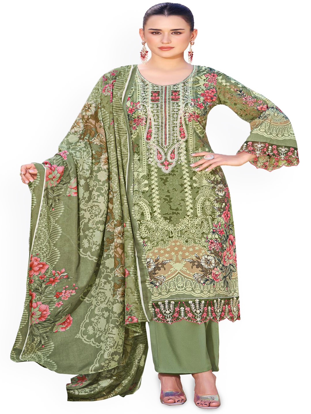 

DRAVINAM Trends Embroidered Pure Cotton Unstitched Dress Material, Green