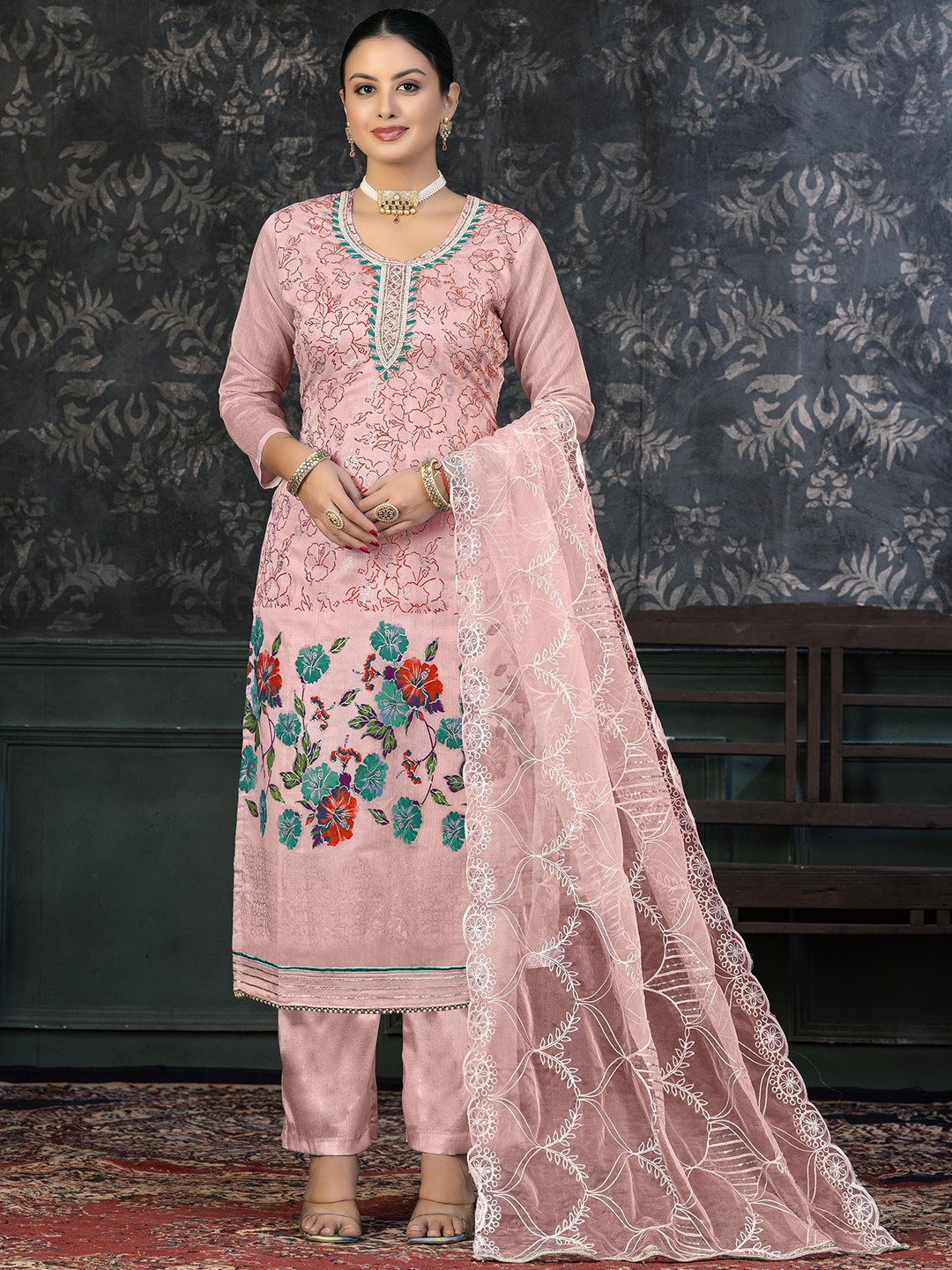 

SAINOOR Embellished Semi-Stitched Dress Material, Peach