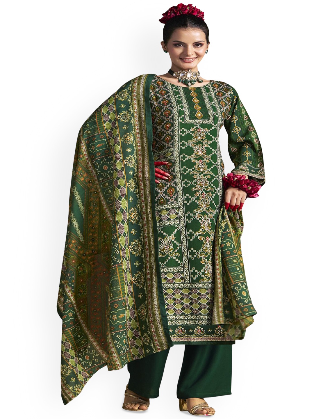 

DRAVINAM Trends Embroidered Viscose Rayon Unstitched Dress Material, Green