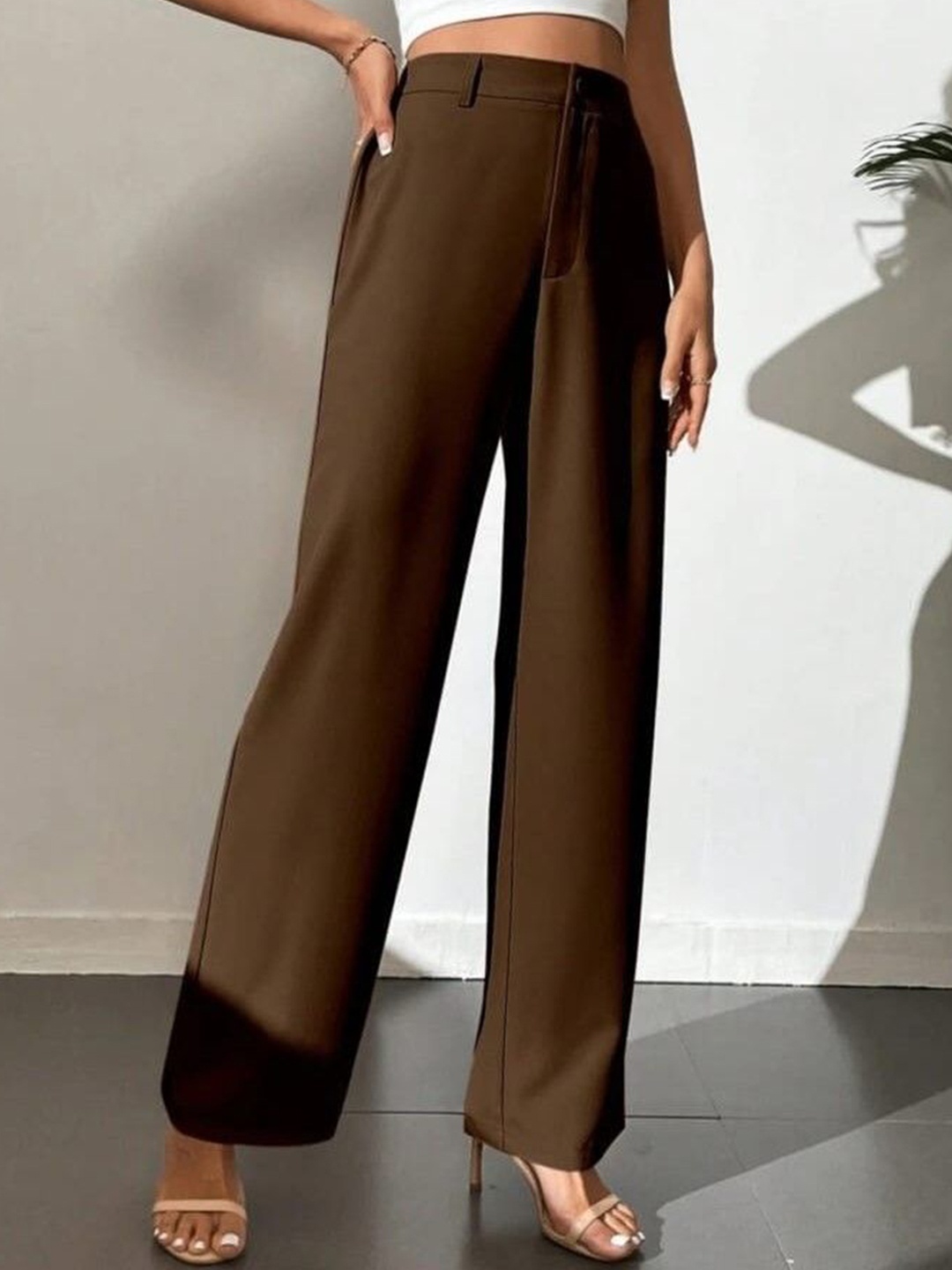 

BROADSTAR Women Smart Straight Fit High-Rise Easy Wash Trousers, Coffee brown