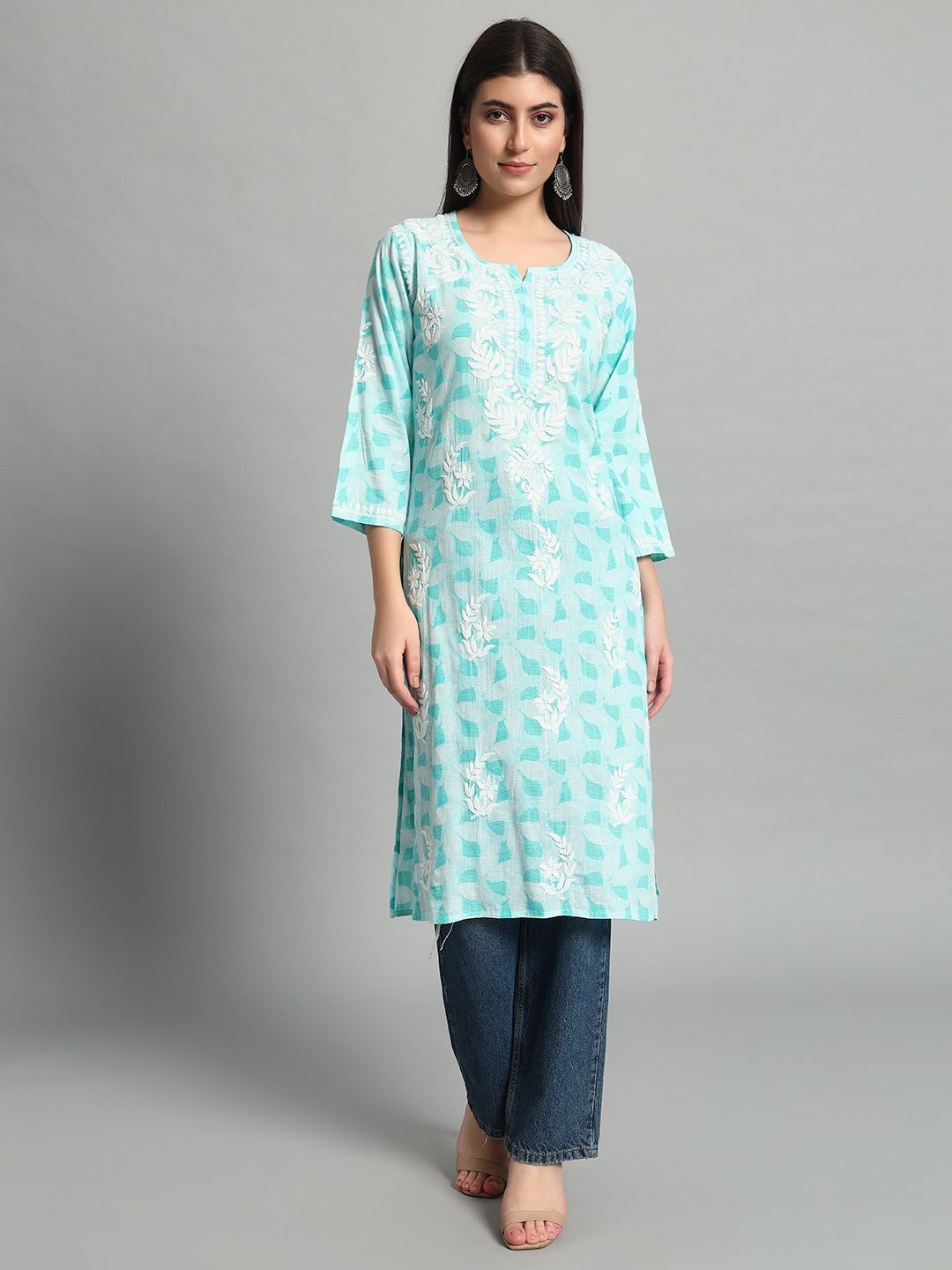 

Fashionable Chikan Handikraft Pure Cotton Embroidered Round Neck Kurta, Sea green
