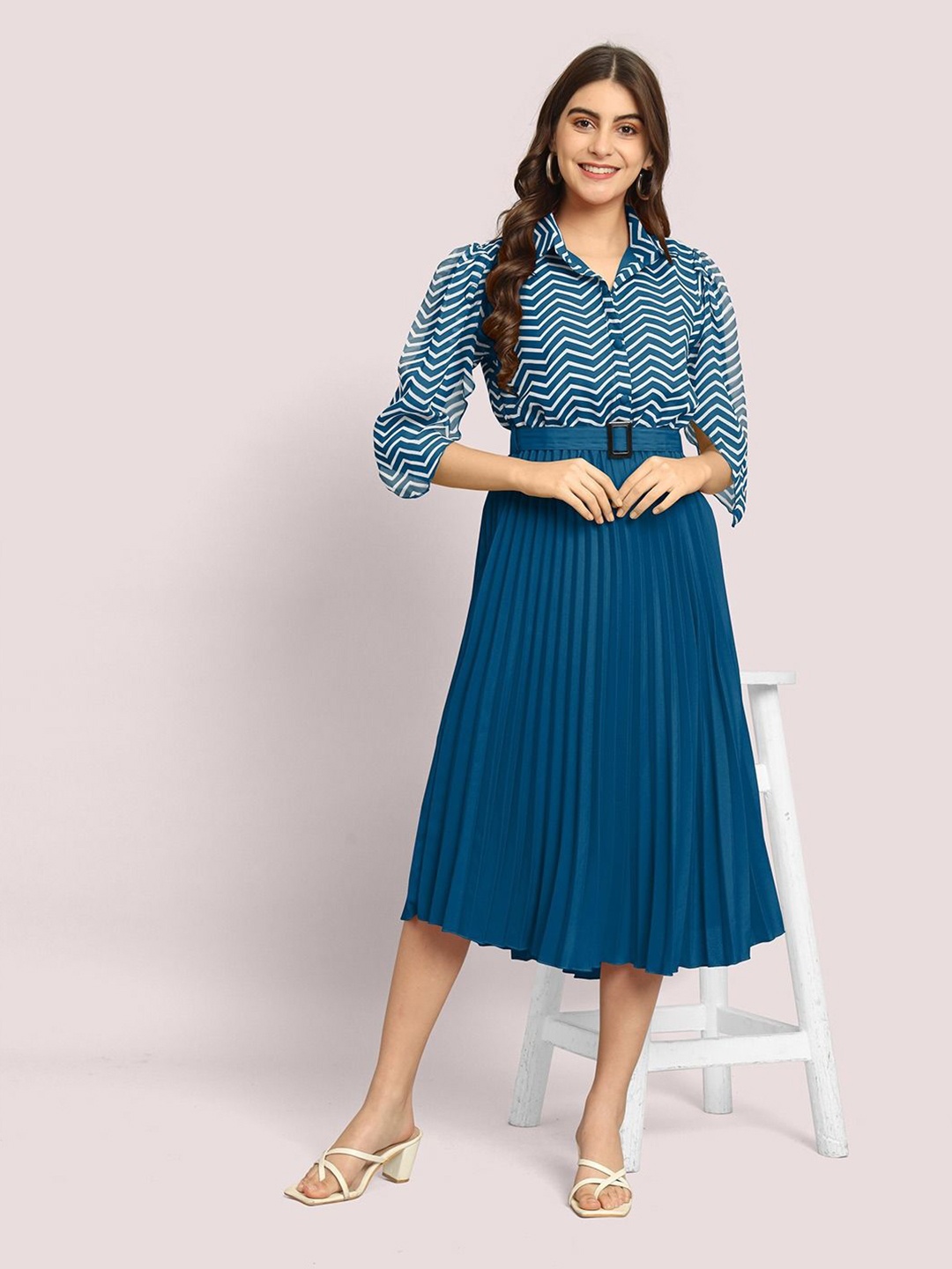 

Jash Creation Striped Applique Georgette Fit & Flare Maxi Dress, Blue