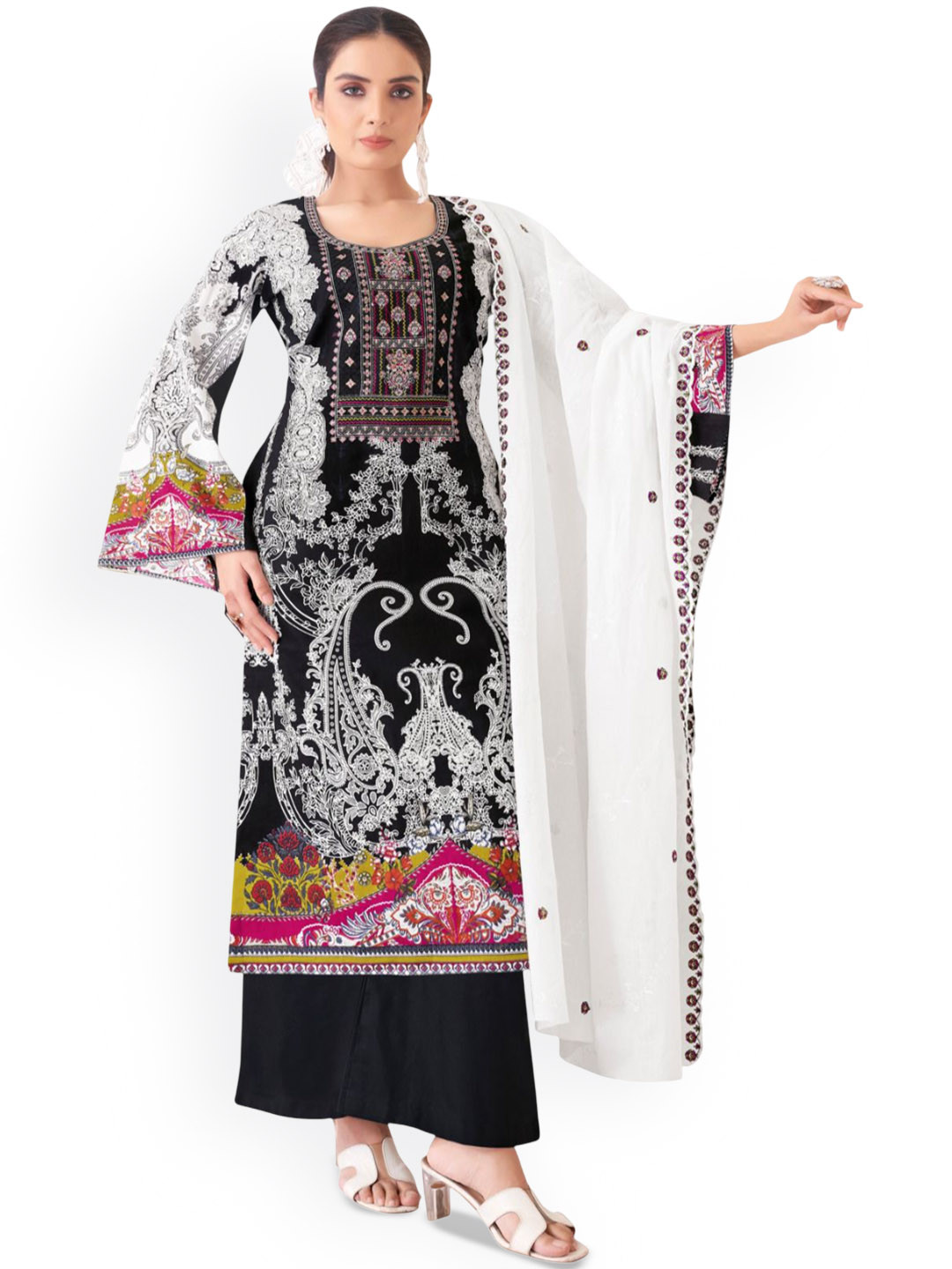 

DRAVINAM Trends Embroidered Pure Cotton Unstitched Dress Material, Black