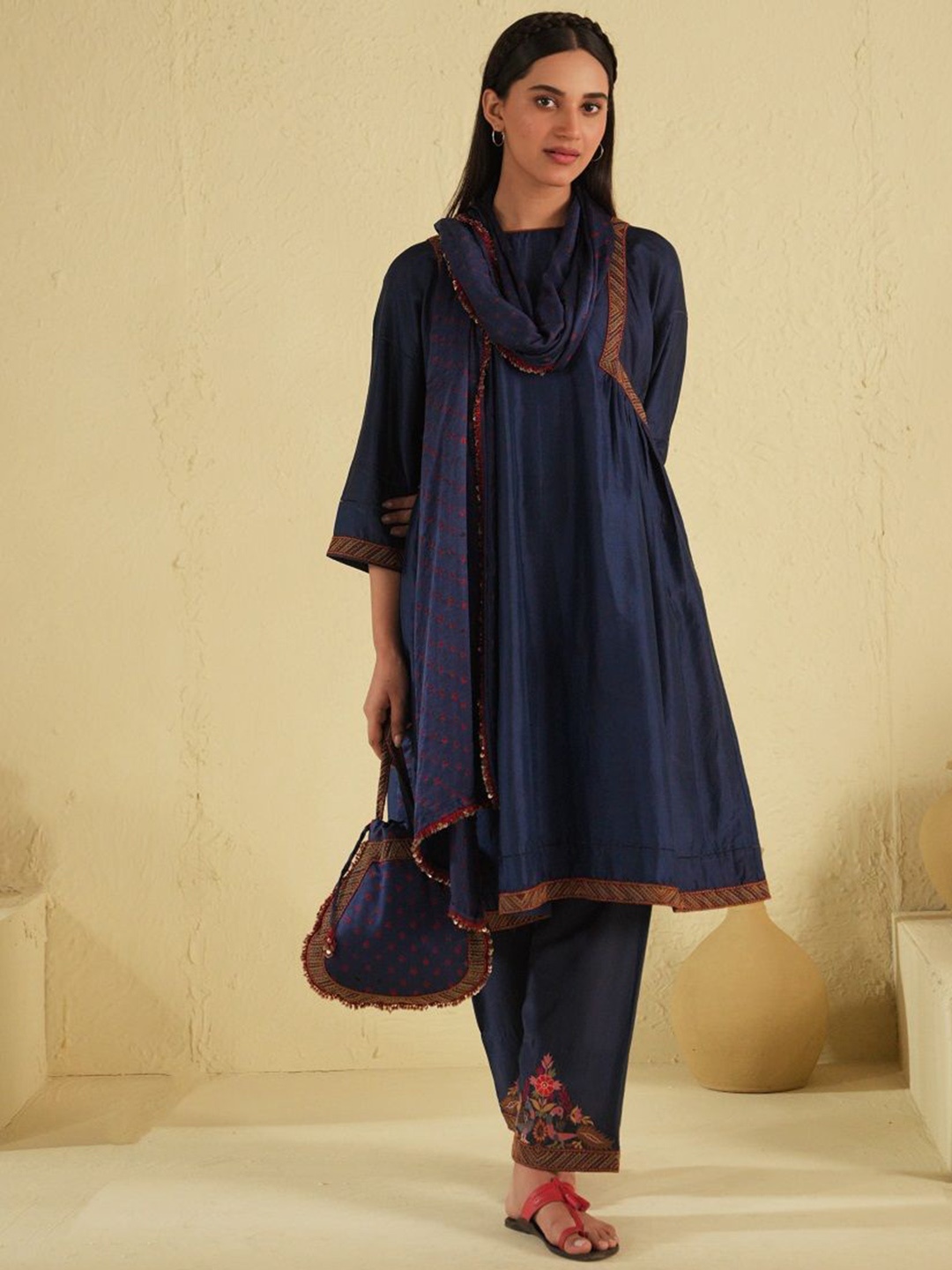 

SUSHRAM Women Embroidered Pleated Pure Silk Kurta with Trousers & With Dupatta, Blue