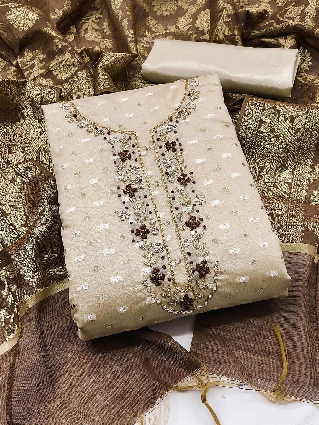 

SAINOOR Embellished Semi-Stitched Dress Material, Beige