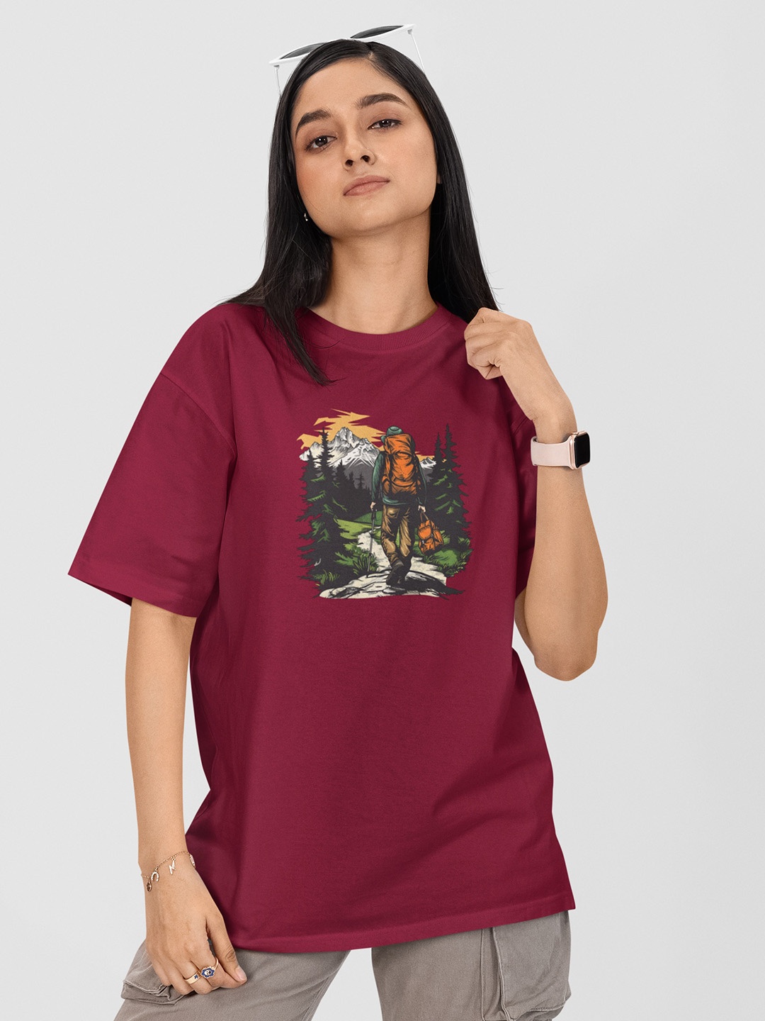 

Moda Rapido Women Printed Drop-Shoulder Sleeves Pockets T-shirt, Maroon