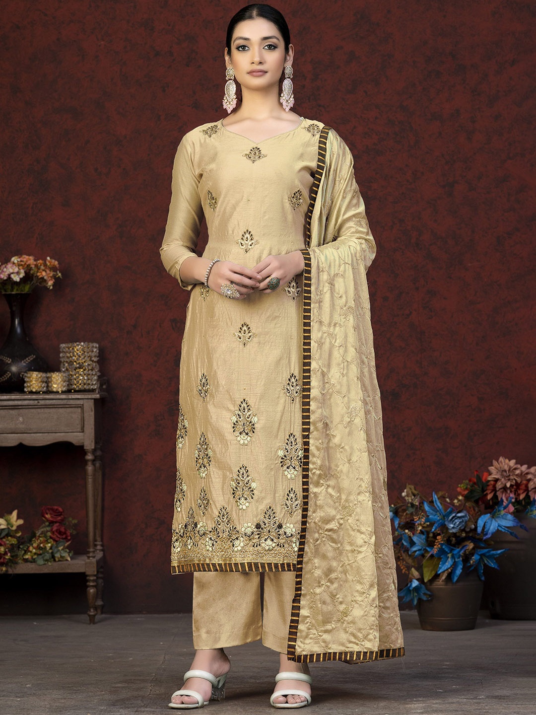 

SAINOOR Embroidered Semi-Stitched Dress Material, Beige