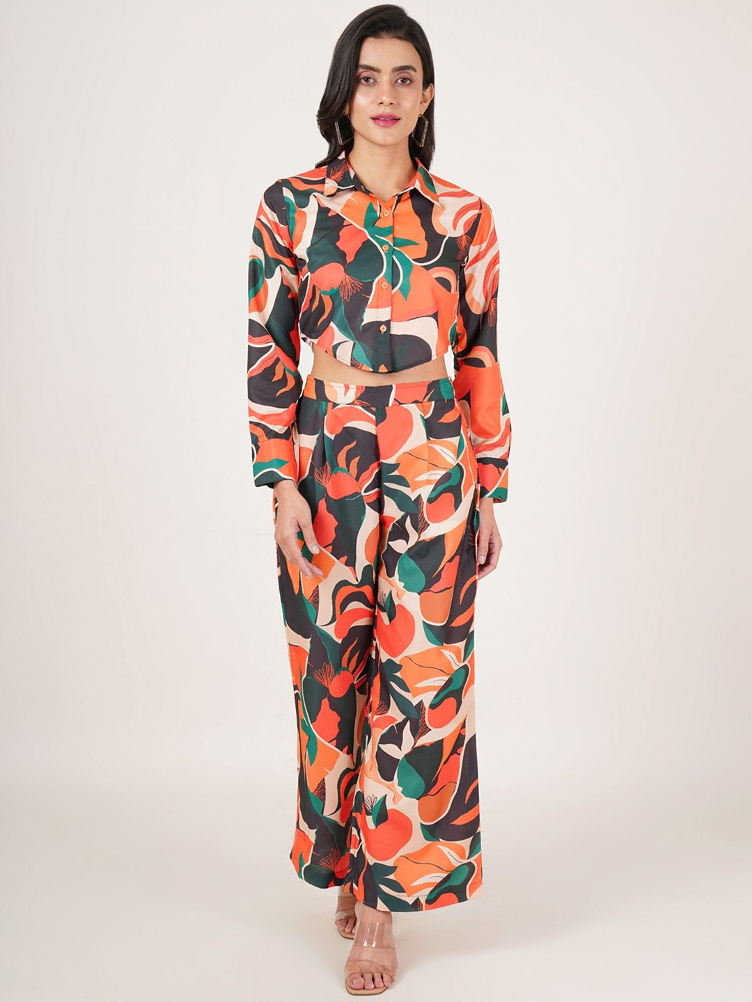 

U&F Printed Shirt Collar Neck Shirt With Trousers Co-Ords, Orange