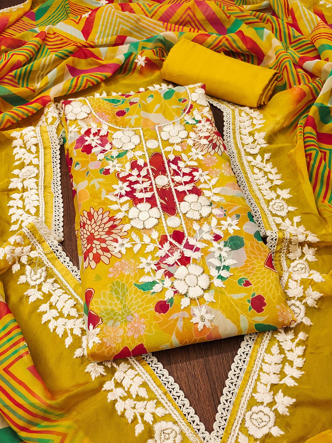 

SAINOOR Embroidered Organza Semi-Stitched Dress Material, Yellow
