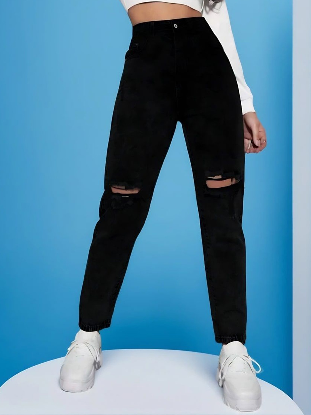 

Moda Rapido Women Comfort Boyfriend Fit High-Rise Slash Knee Light Fade Jeans, Black