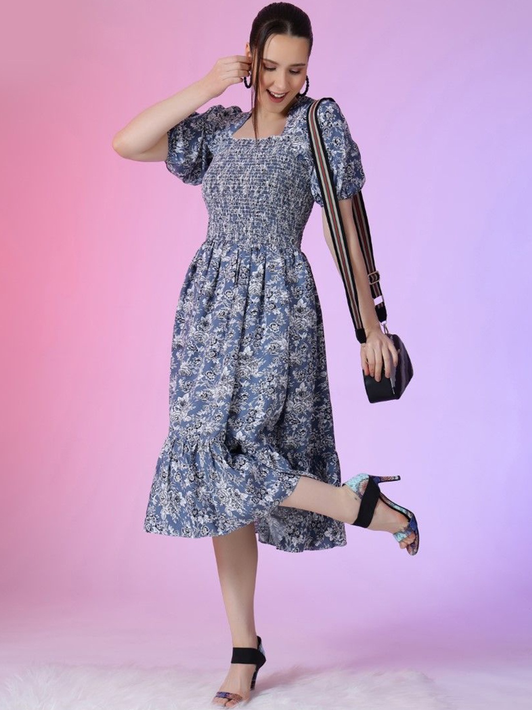 

Jash Creation Print Puff Sleeve Applique Fit & Flare Dress, Blue