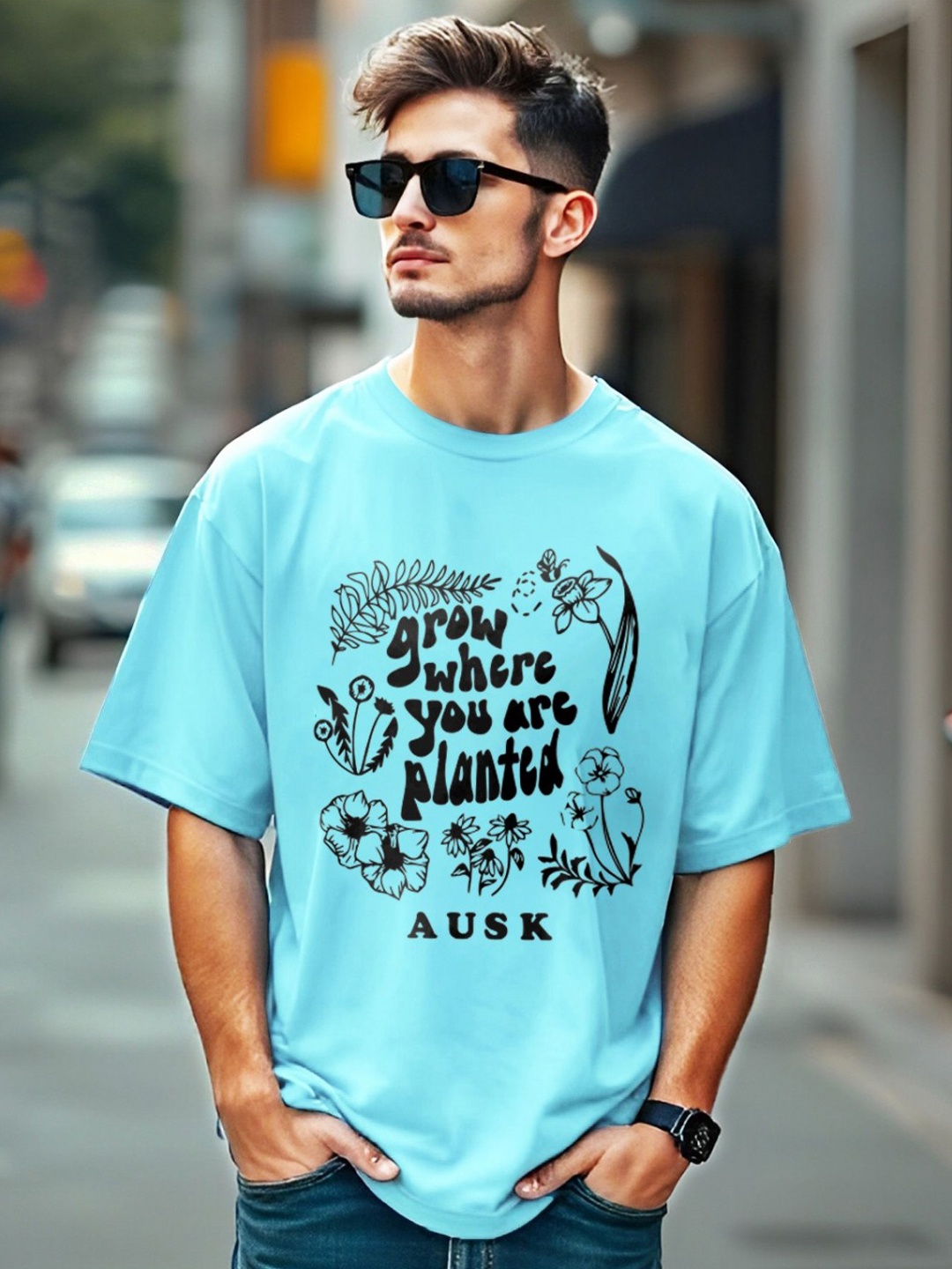 

AUSK Men Printed Applique T-shirt, Blue