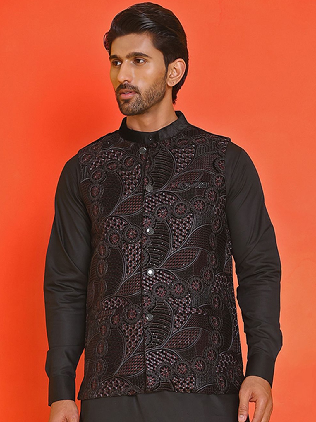 

Jompers Embroidered Mandarin Collar Nehrujacket, Black