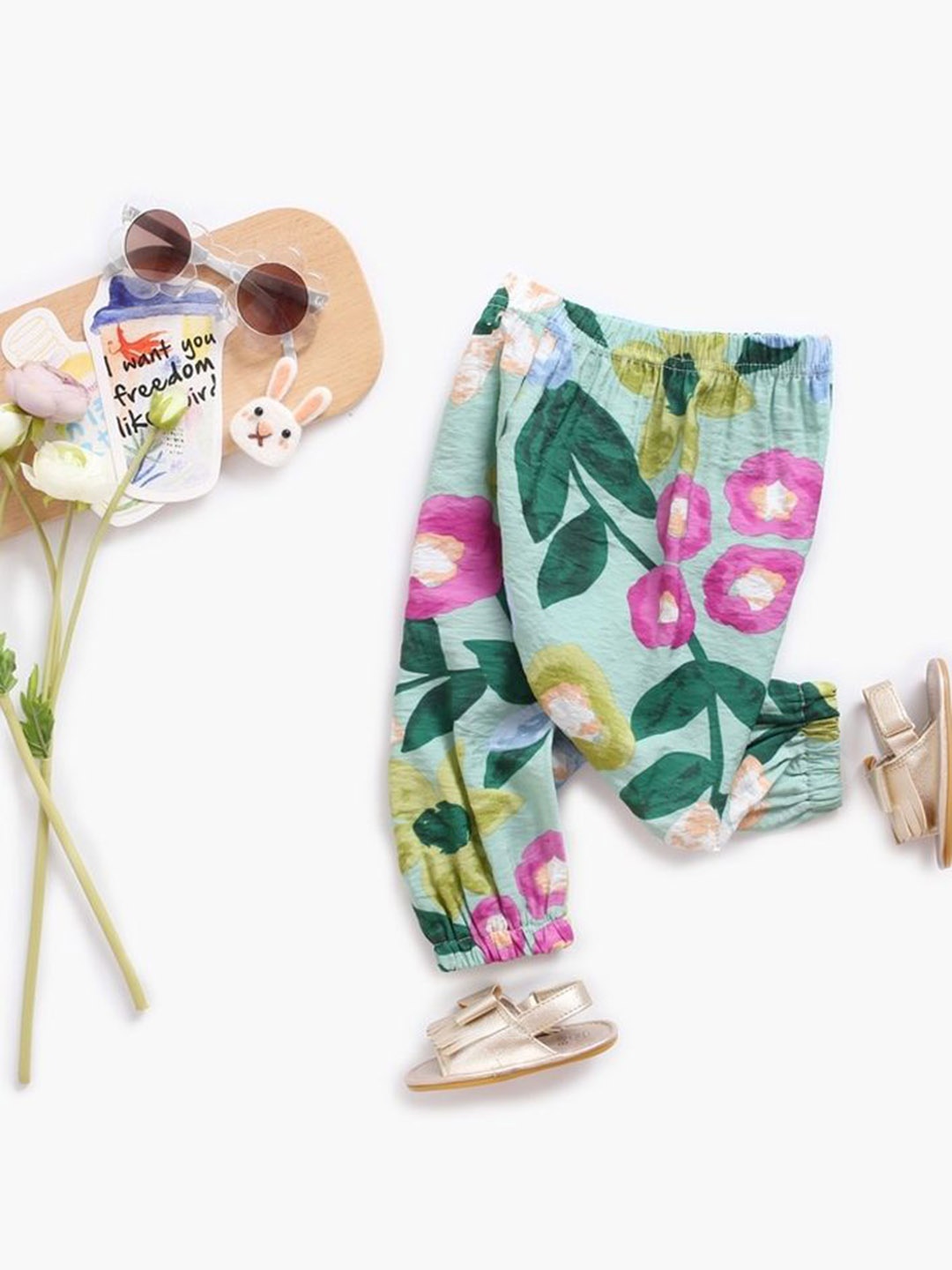 

LULU & SKY Girls Floral Printed Tapered Fit High-Rise Joggers Trousers, Green