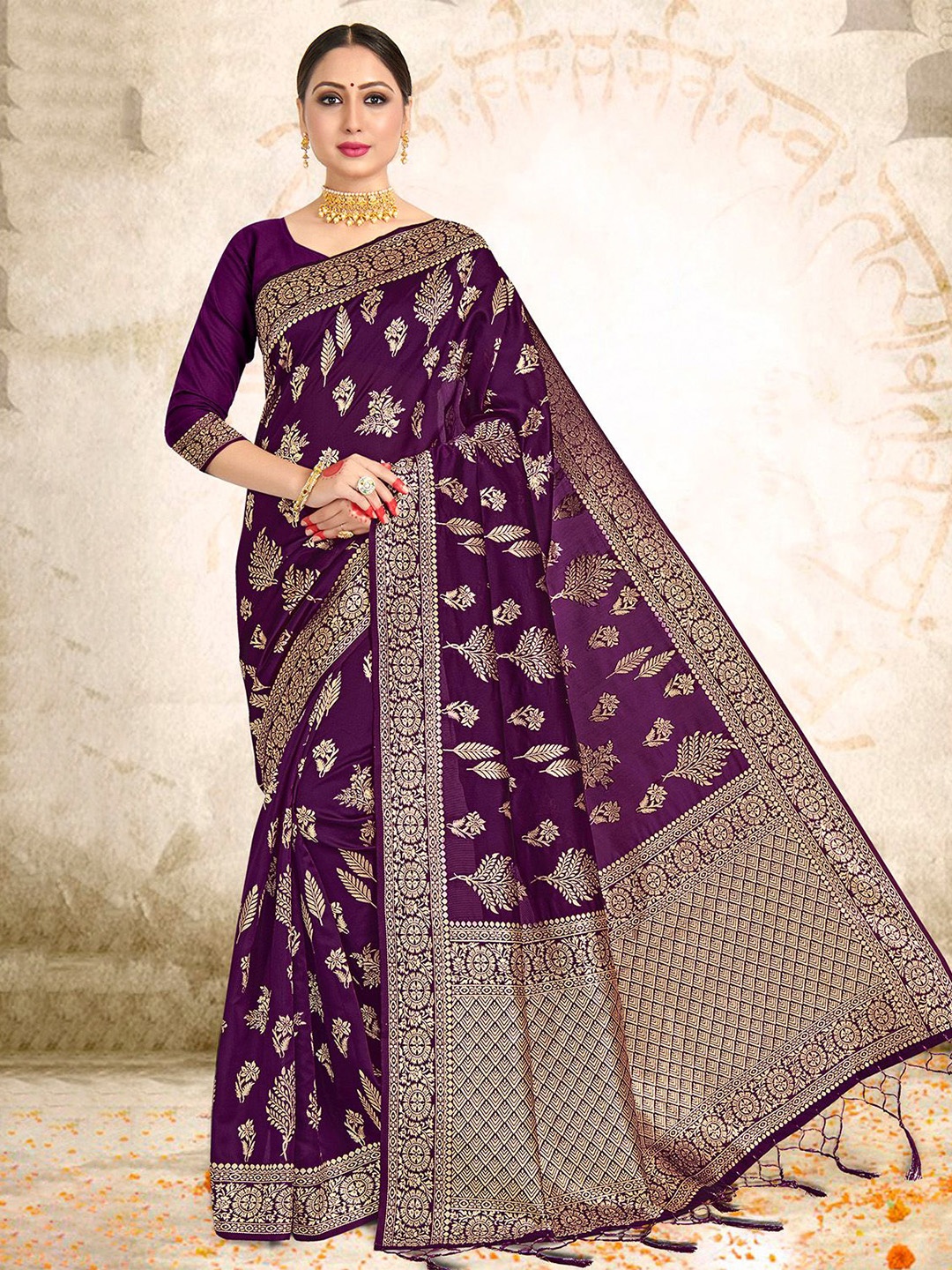 

DEVATITHI Ethnic Motifs Zari Silk Blend Banarasi Saree, Purple