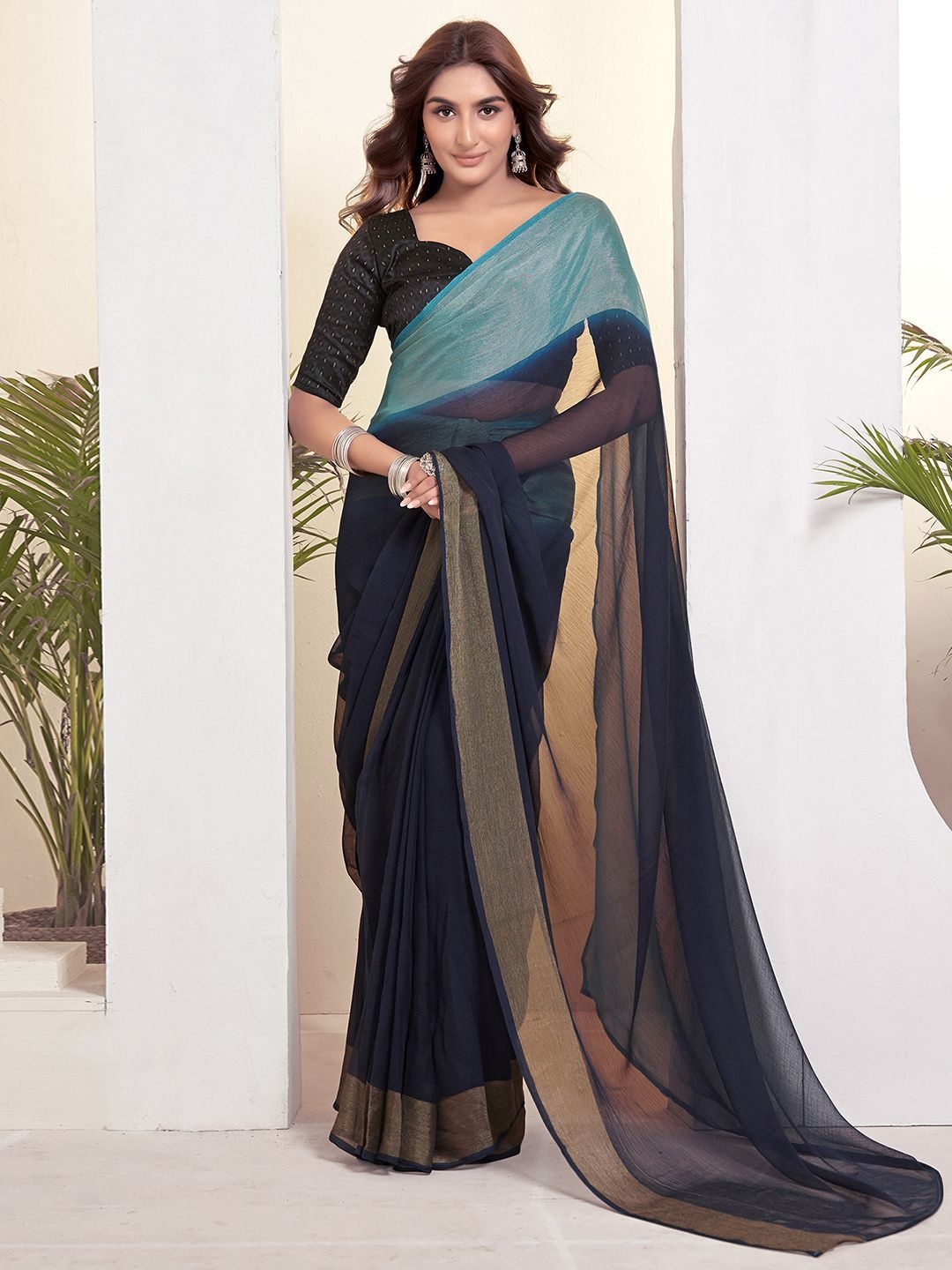 

DIVASTRI Ombre Zari Pure Chiffon Ready to Wear Maheshwari Saree, Blue