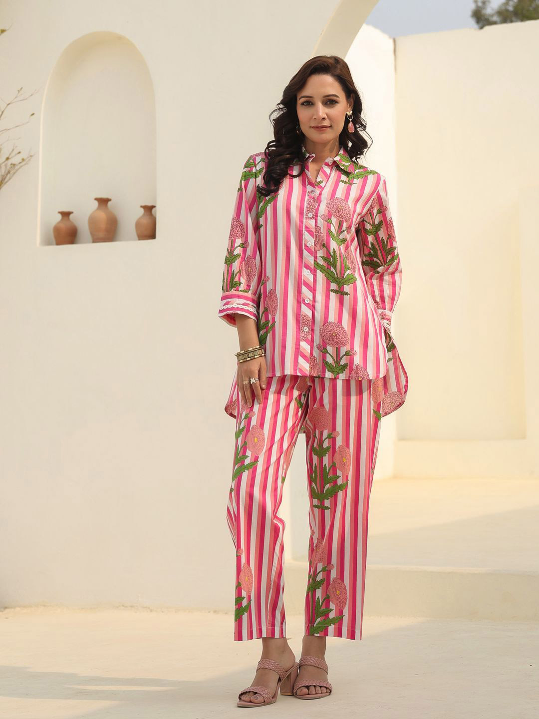 

Rain & Rainbow Printed Pure Cotton Shirt Collar Neck Shirt & Trouser Co-Ords, Pink