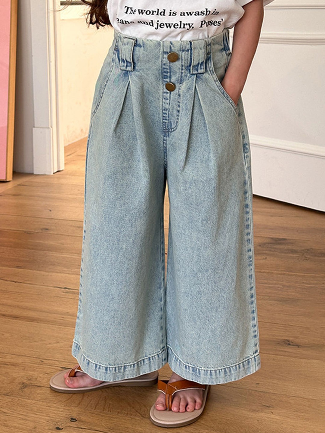 

LULU & SKY Girls Wide Leg High-Rise Heavy Fade Jeans, Blue