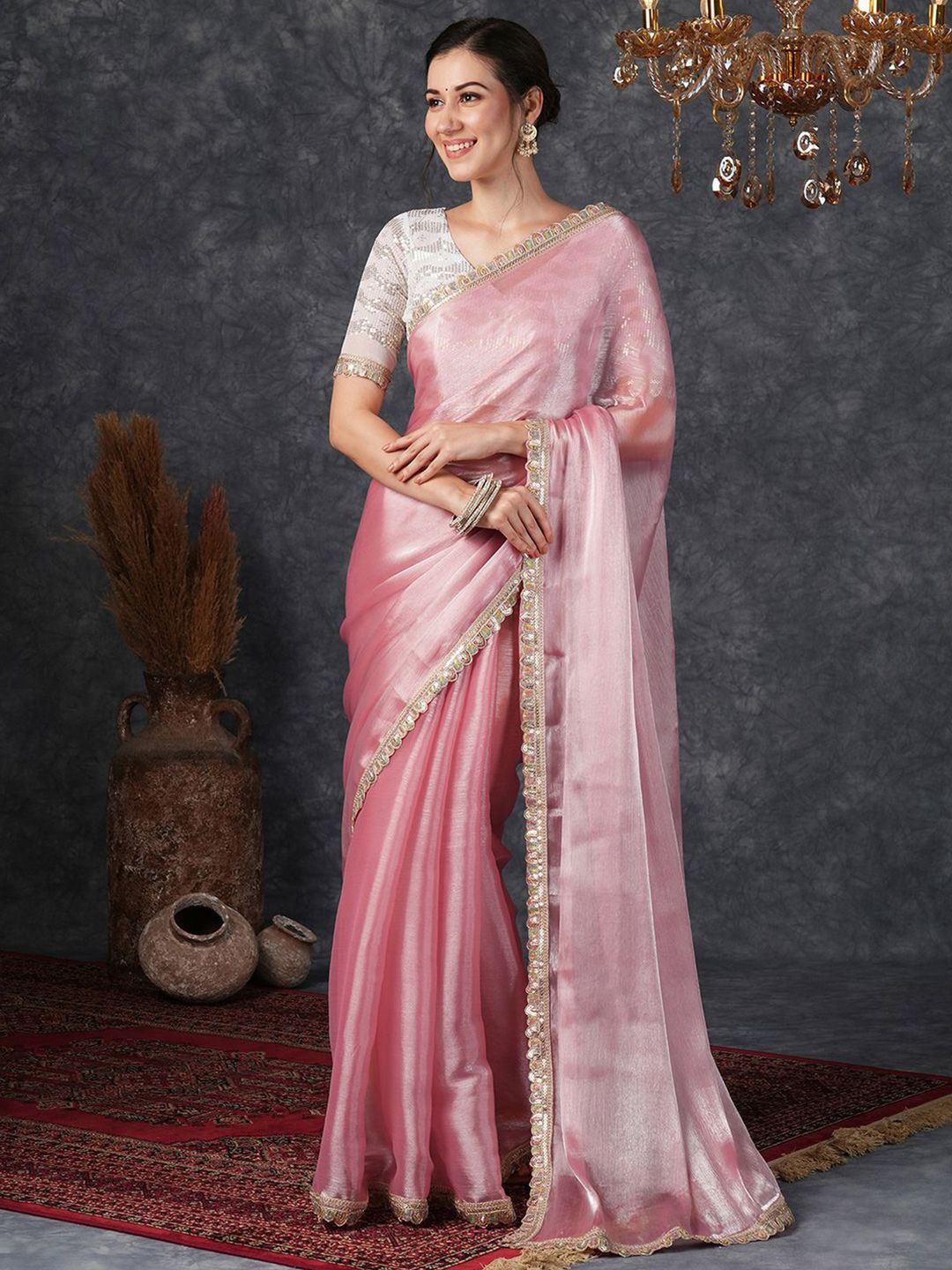 

DIVASTRI Sequinned Pure Chiffon Saree, Rose