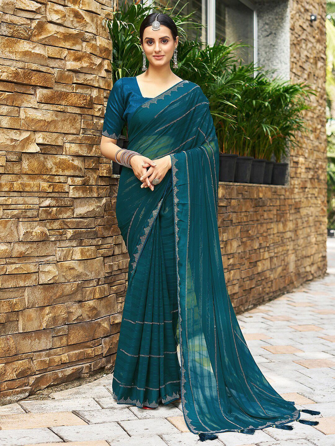 

DIVASTRI Striped Beads and Stones Pure Georgette Saree, Turquoise blue