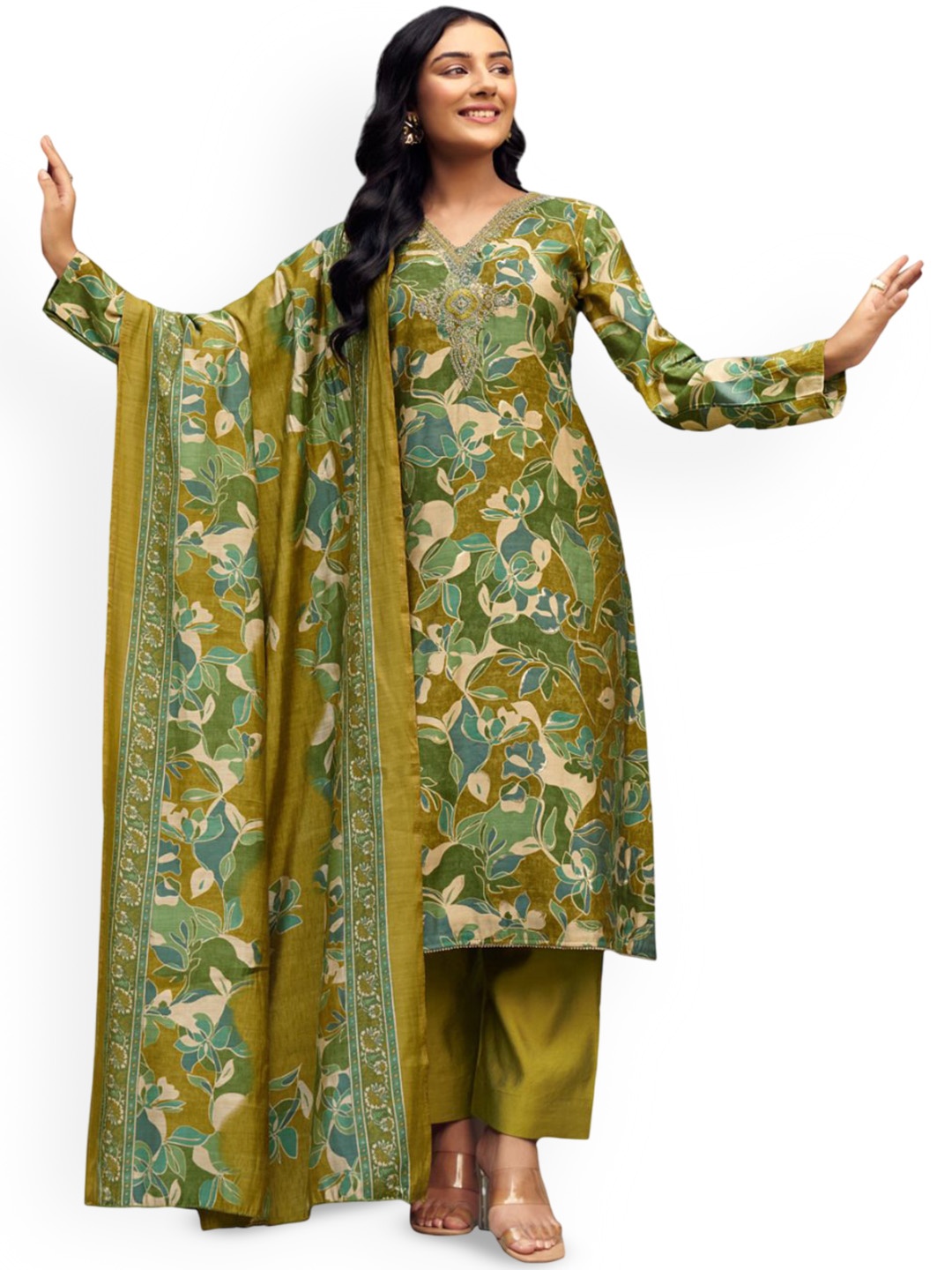 

DRAVINAM Trends Embroidered Unstitched Dress Material, Green