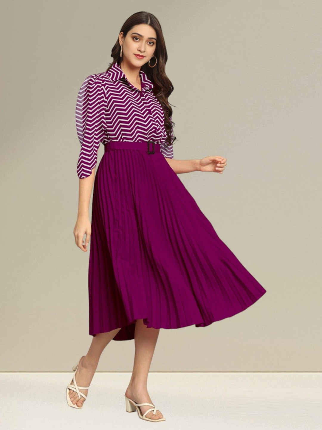 

Raiyani Fashion Striped Applique Georgette Fit & Flare Midi Dress, Magenta