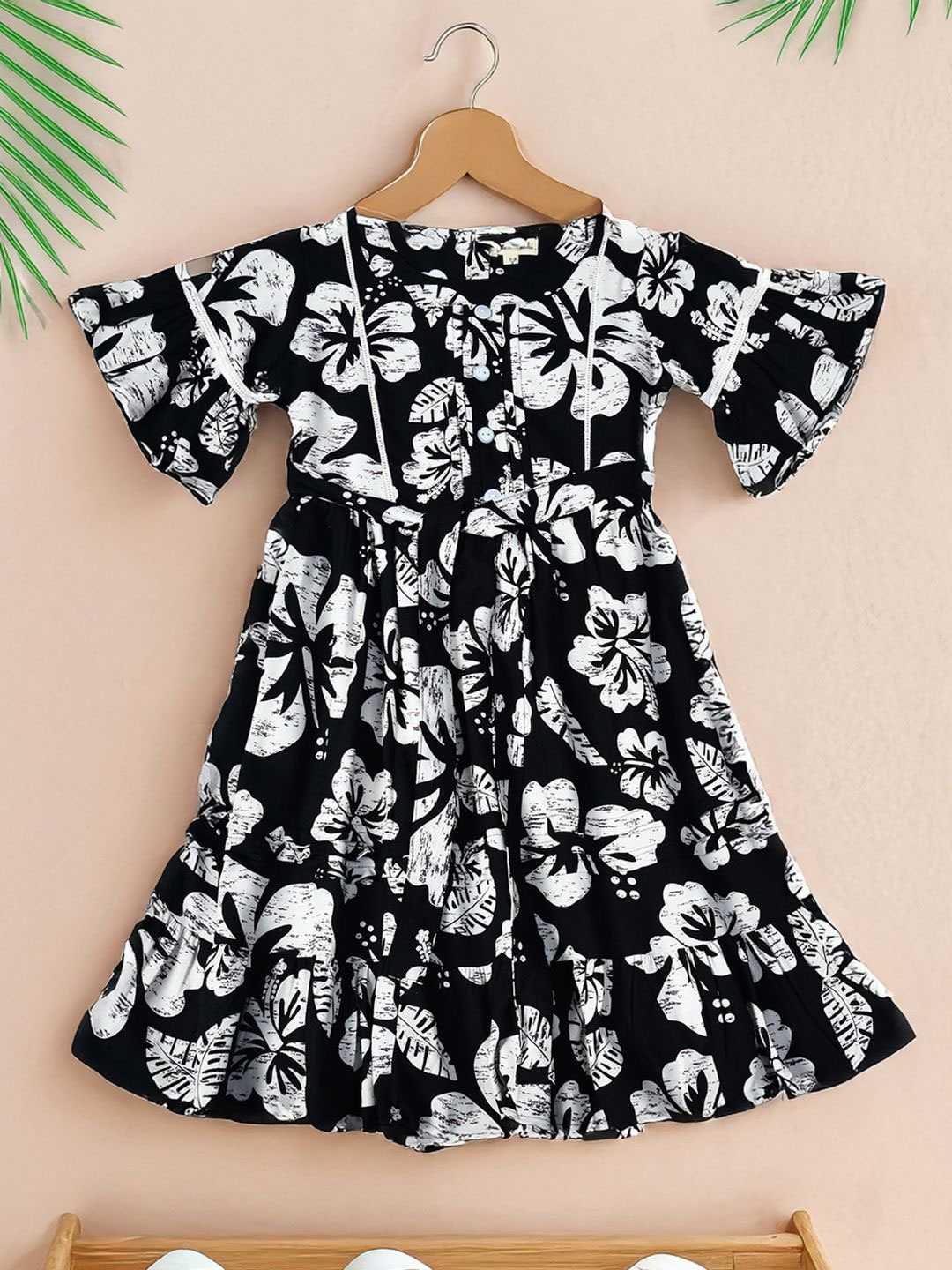 

Bella Moda Floral Print Bell Sleeve Fit & Flare Dress, Black