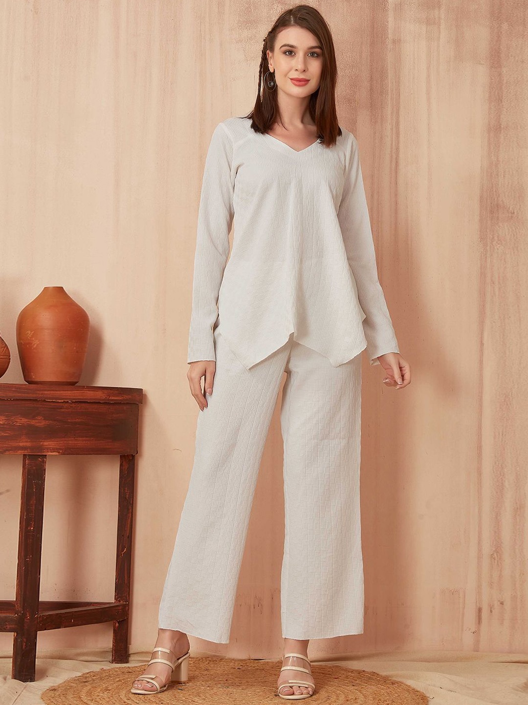 

SHINISHA Textured Top With Trousers Co-Ords, Off white