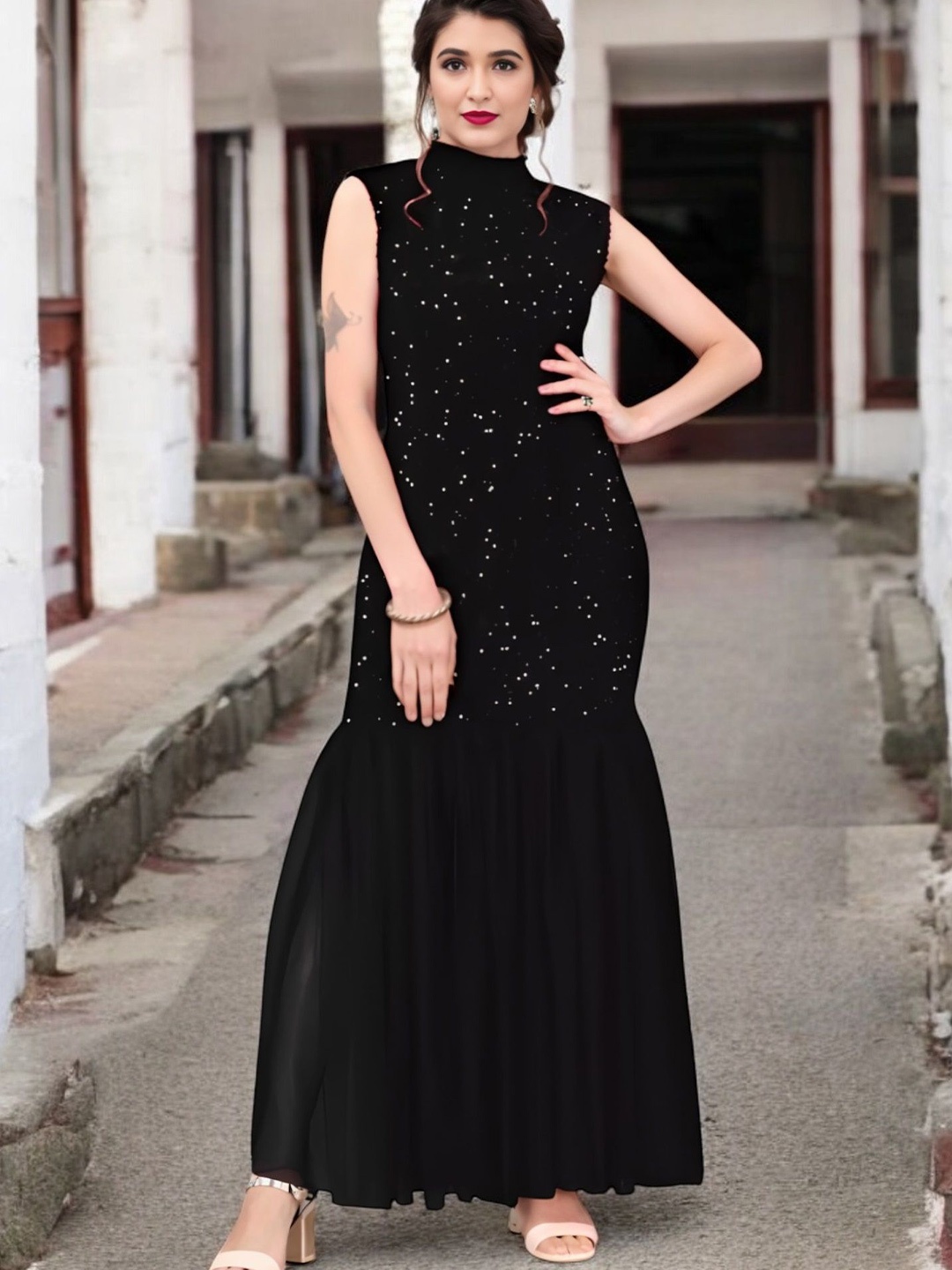 

RebikaTrendz Embellished Velvet Bodycon Maxi Dress, Black