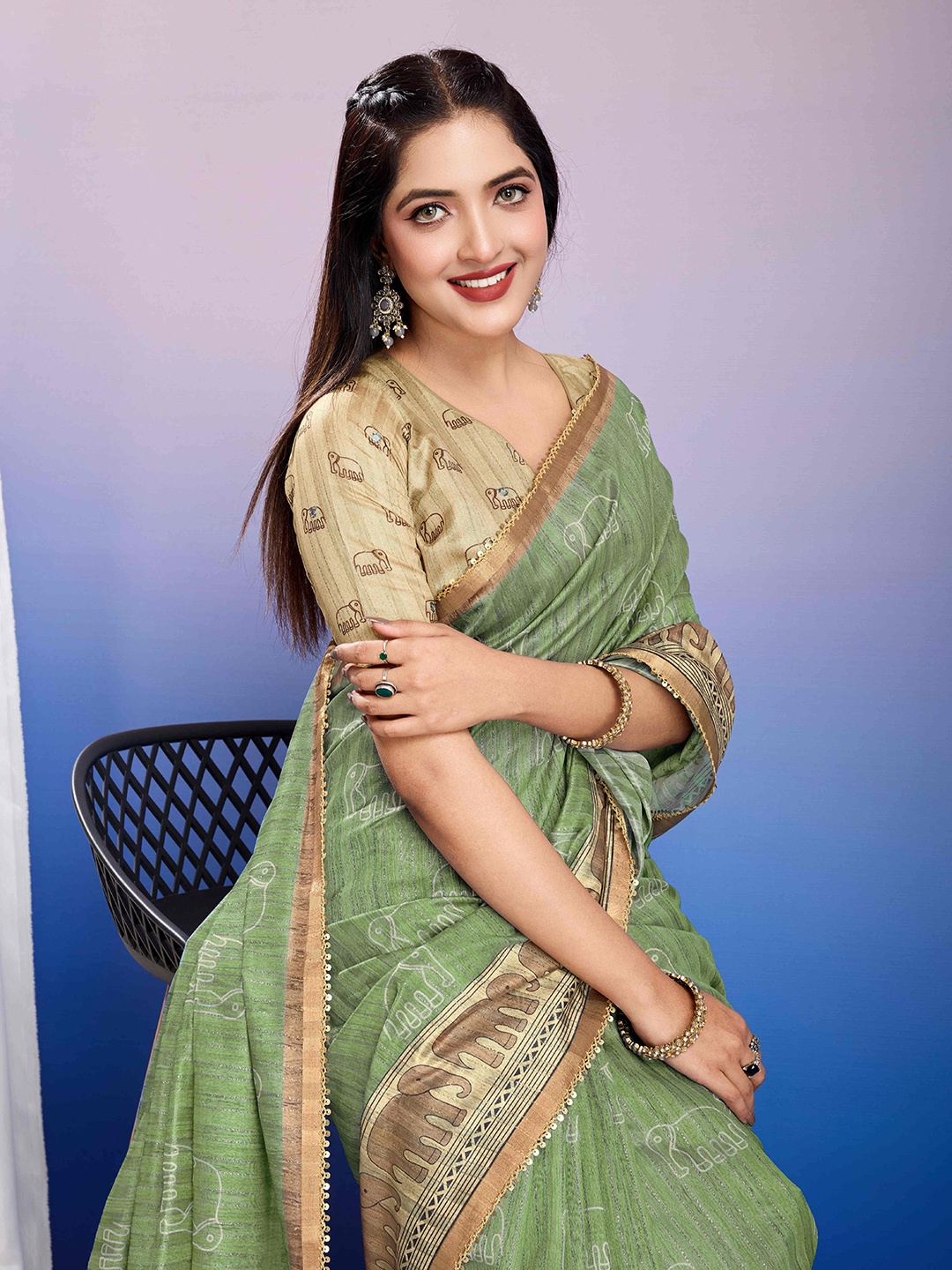 

TASRIKA Ethnic Motifs Mirror Work Mysore Silk Saree, Green