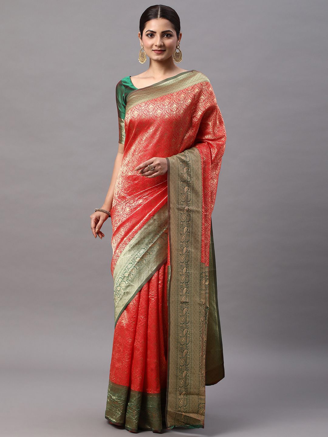 

KALINI Woven Design Zari Silk Blend Kanjeevaram Saree, Red