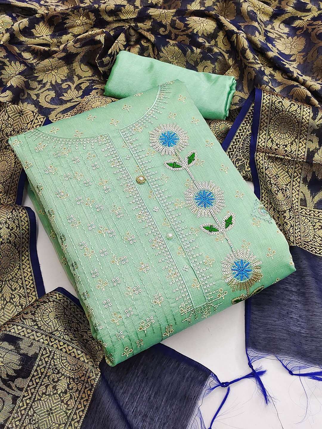 

SAINOOR Embroidered Semi-Stitched Dress Material, Green