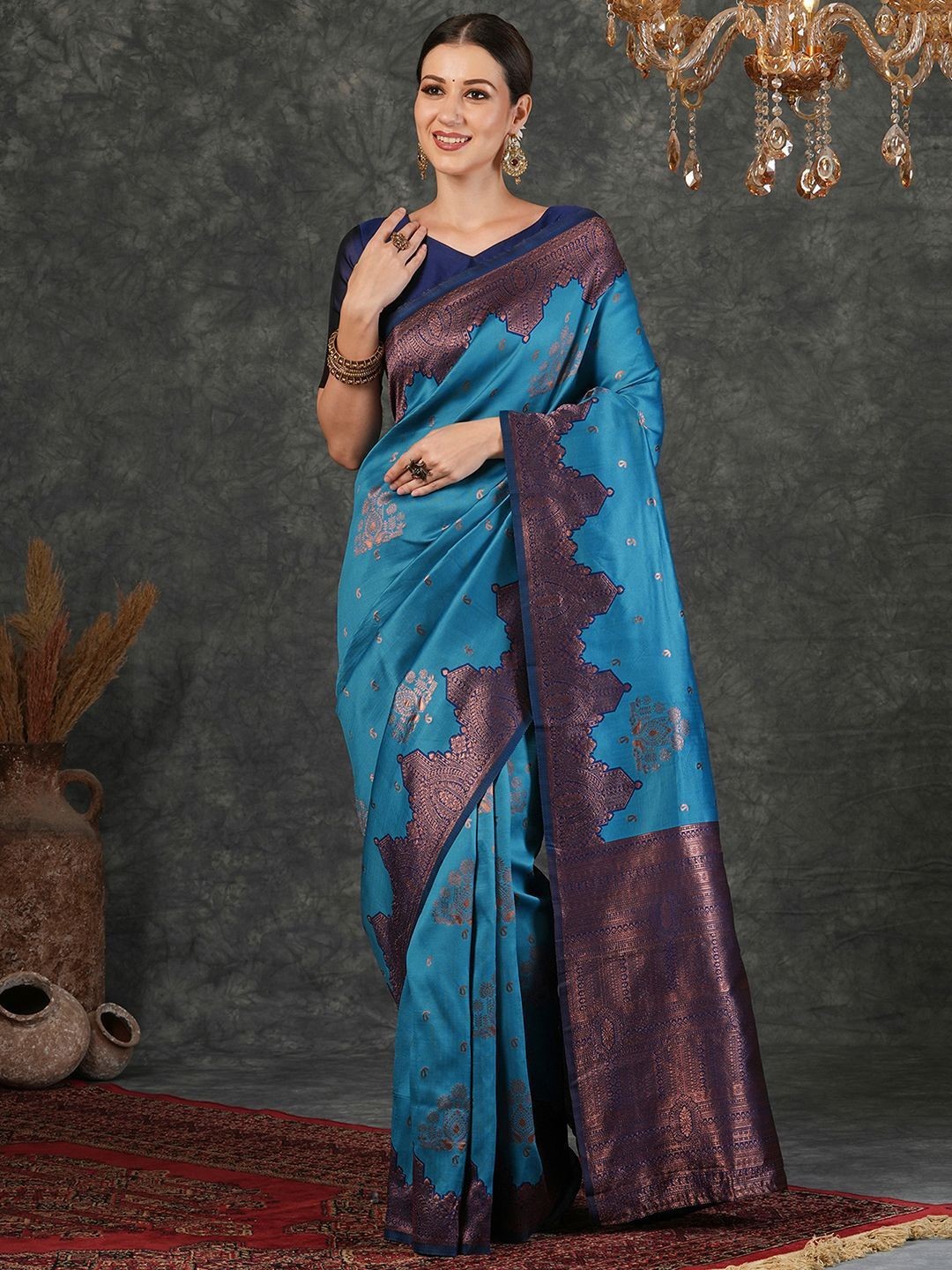 

DIVASTRI Woven Design Zari Silk Blend Banarasi Saree, Blue