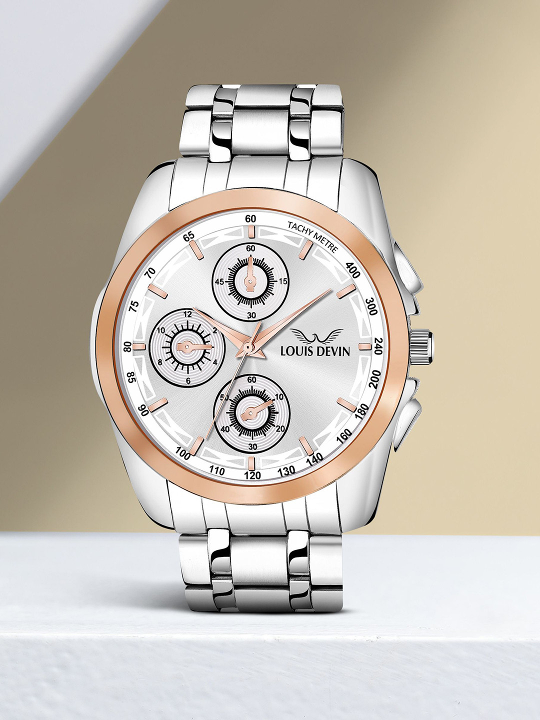

LOUIS DEVIN Men Brass Embellished Dial & Stainless Steel Bracelet Style Straps Analogue Watch LD-G036-RG, Silver