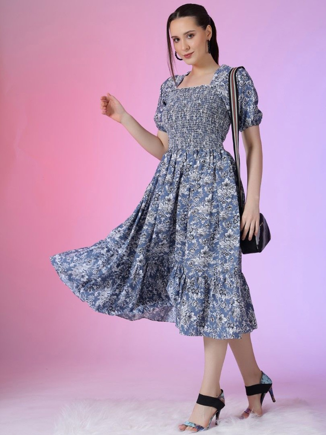 

Jash Creation Print Puff Sleeve Applique Fit & Flare Dress, Blue