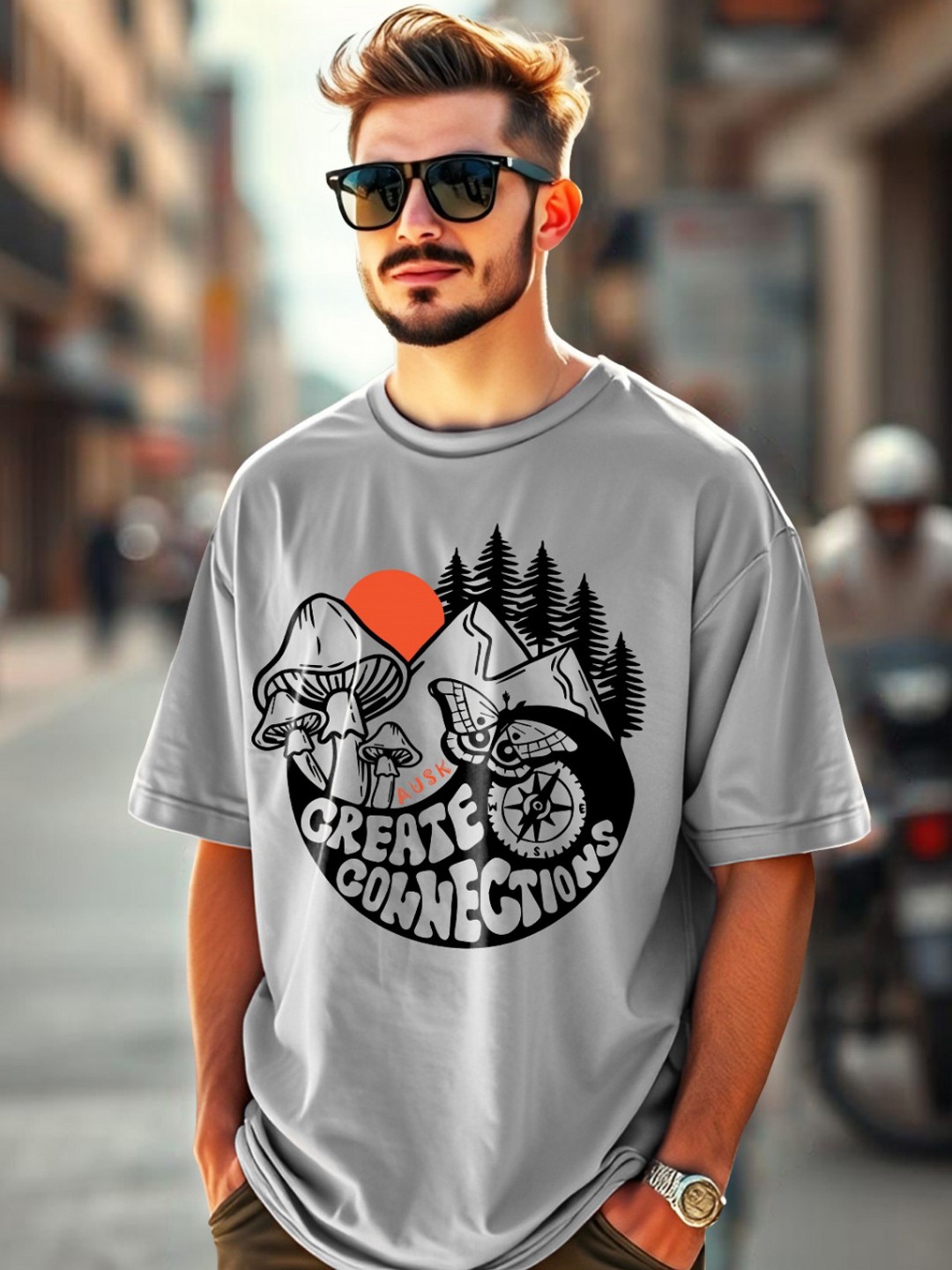

AUSK Men Printed Drop-Shoulder Sleeves Applique T-shirt, Grey