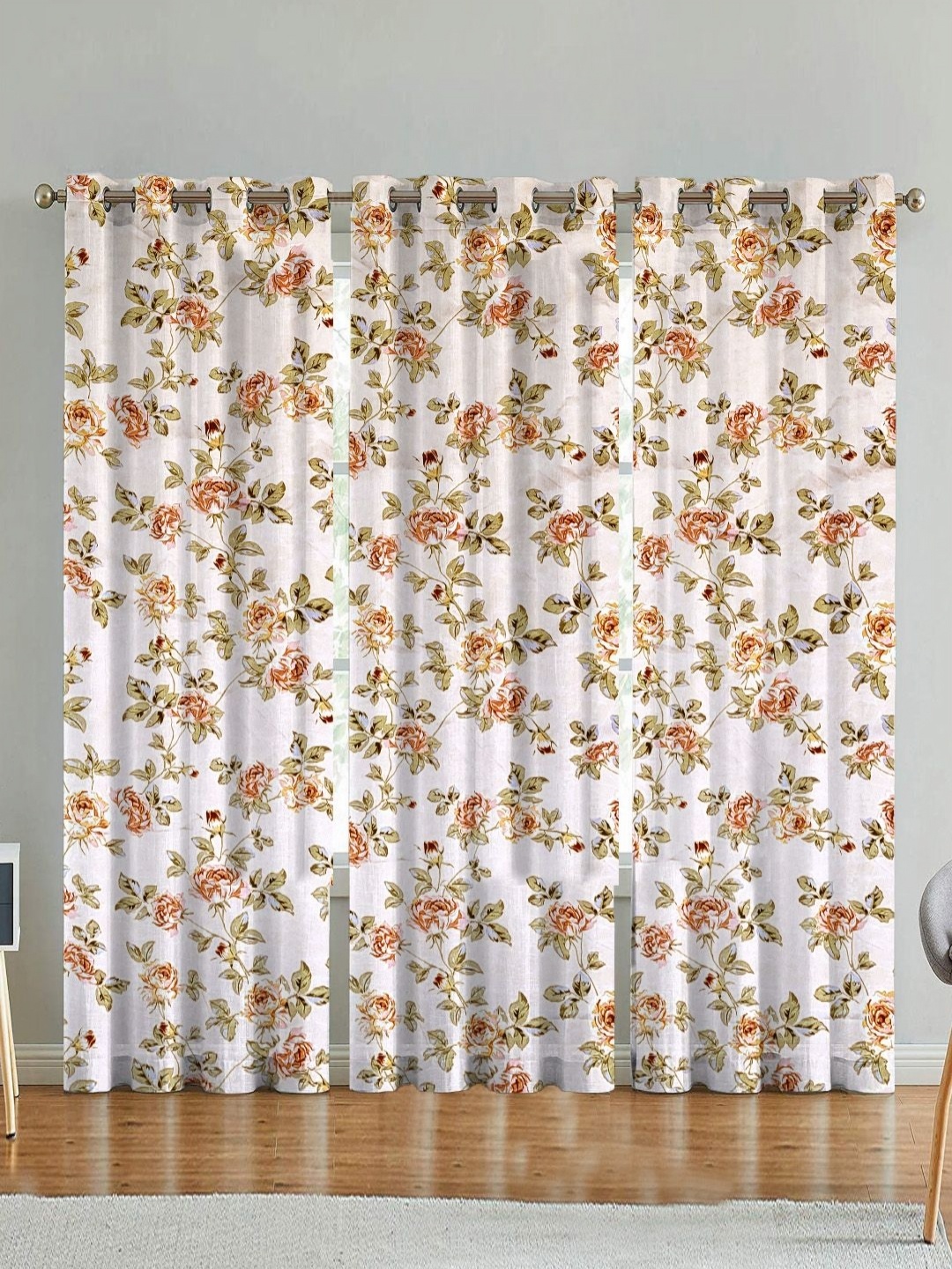 

ANA Beige & Green Set of 3 Floral Room Darkening Door Curtain