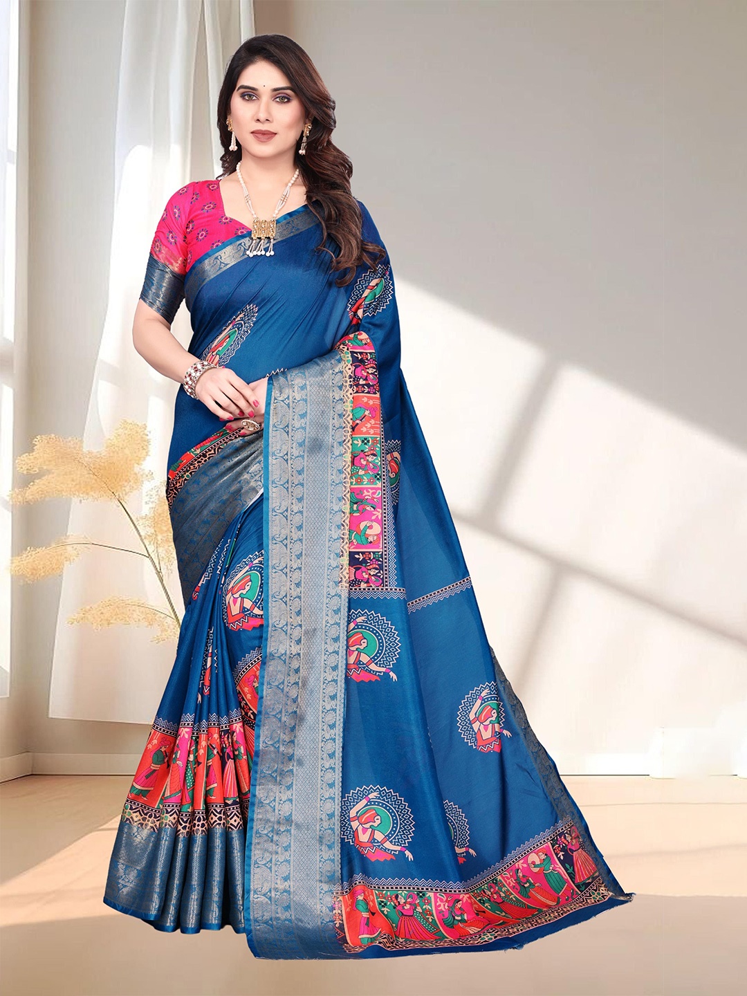 

SUPERLAXMI Kalamkari Zari Silk Blend Saree, Blue