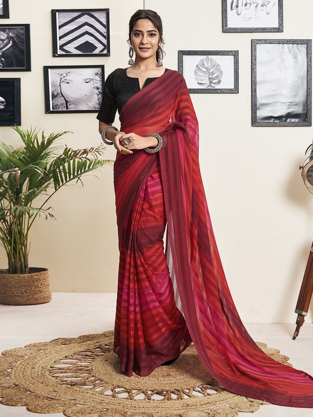 

DIVASTRI Striped Pure Georgette Ready to Wear Saree, Red