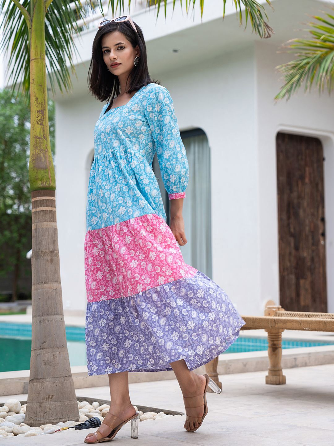 

BAESD Colourblocked Embroidered Puff Sleeve Maxi Dress, Blue