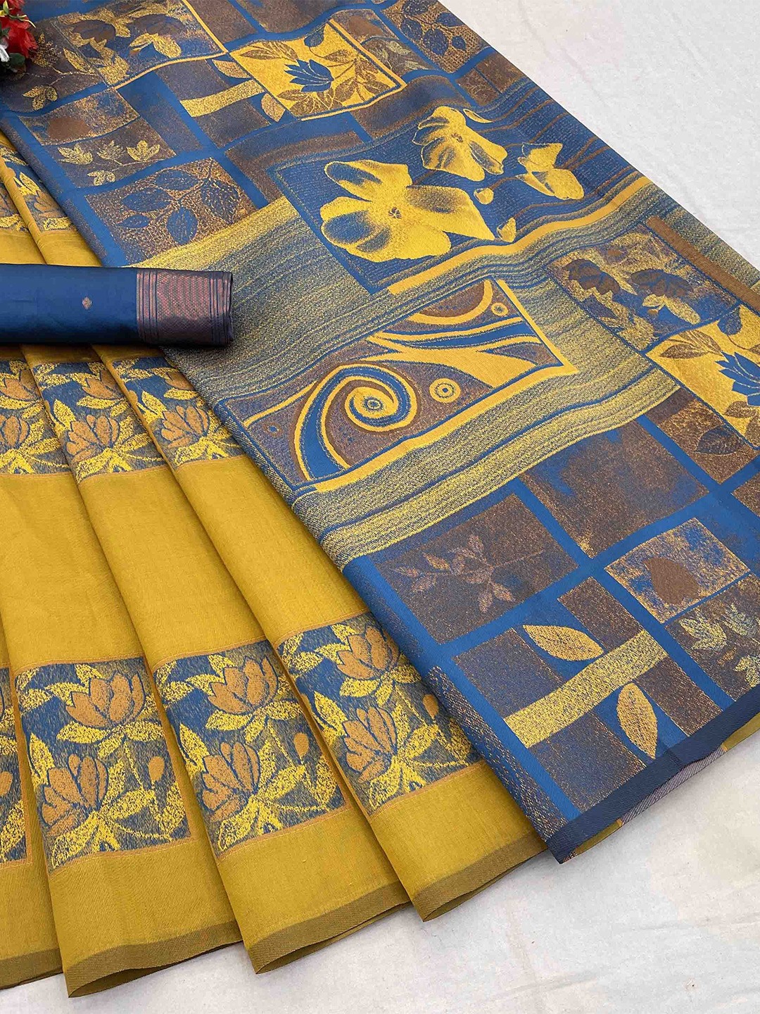 

KALINI Woven Design Zari Silk Blend Banarasi Saree, Yellow