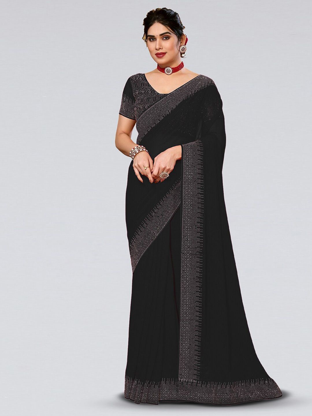 

DIVASTRI Beads and Stones Pure Georgette Saree, Black