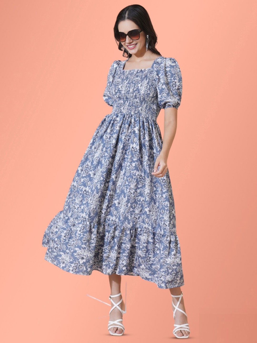 

Jash Creation Floral Print Applique Fit & Flare Maxi Dress, Blue