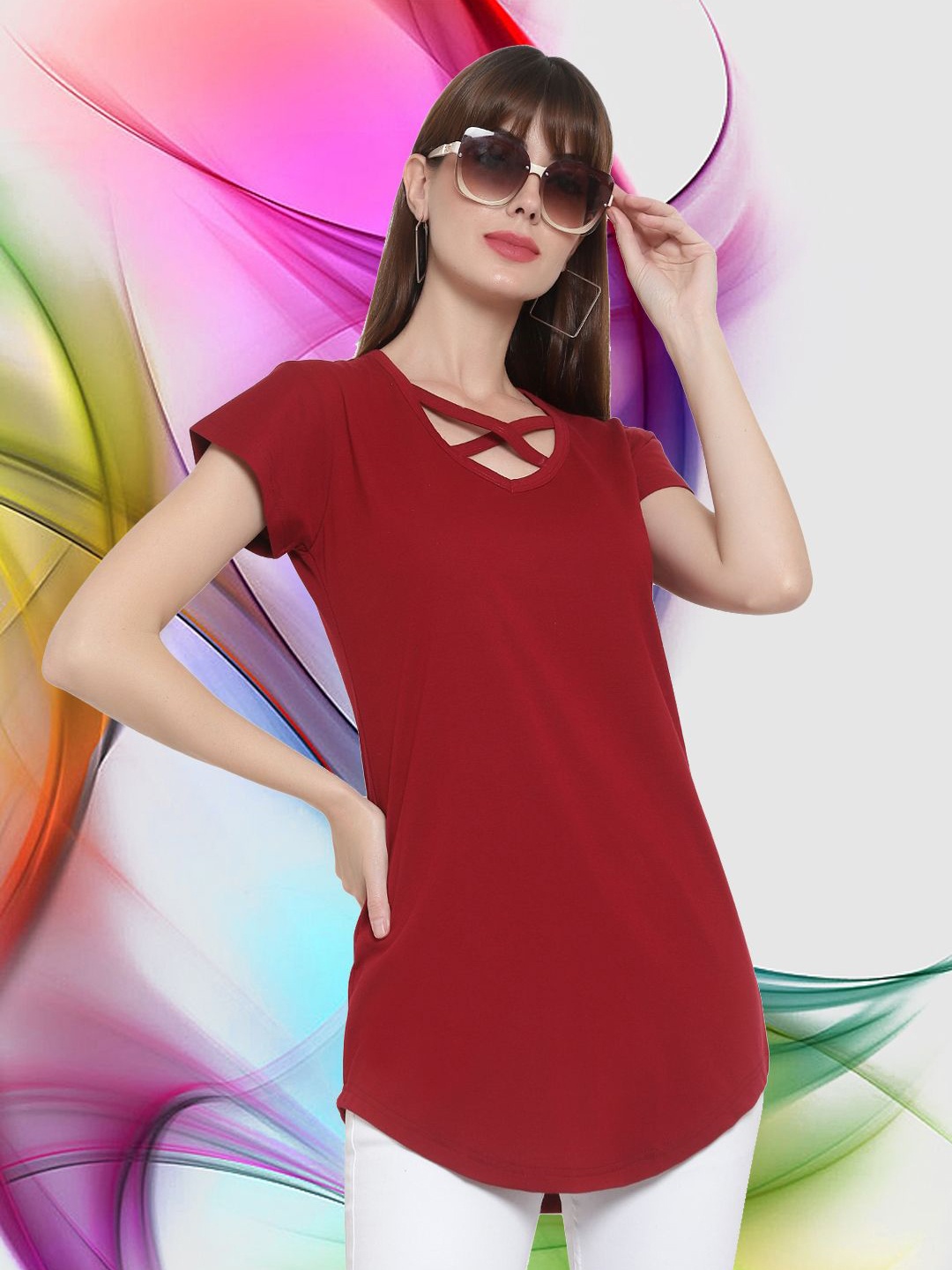 

Boldwink Women V-Neck Cut Outs Slim Fit T-shirt, Burgundy