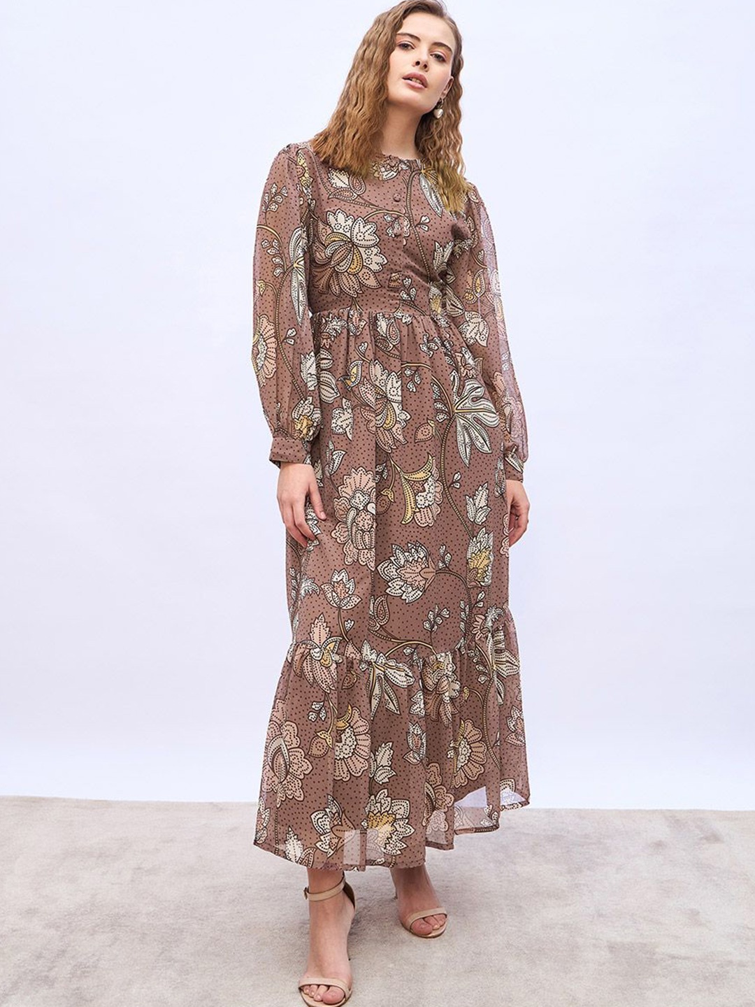 

Styli Floral Print Puff Sleeve A-Line Maxi Dress, Brown