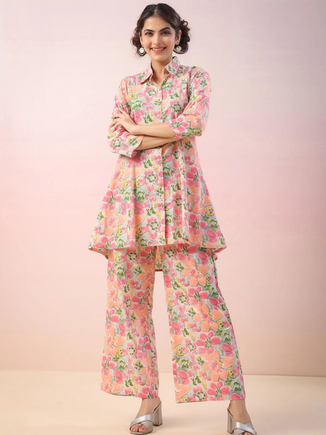 

Jade & Julie Floral Printed Pure Cotton Tunic & Palazzos Co-Ord Set, Pink