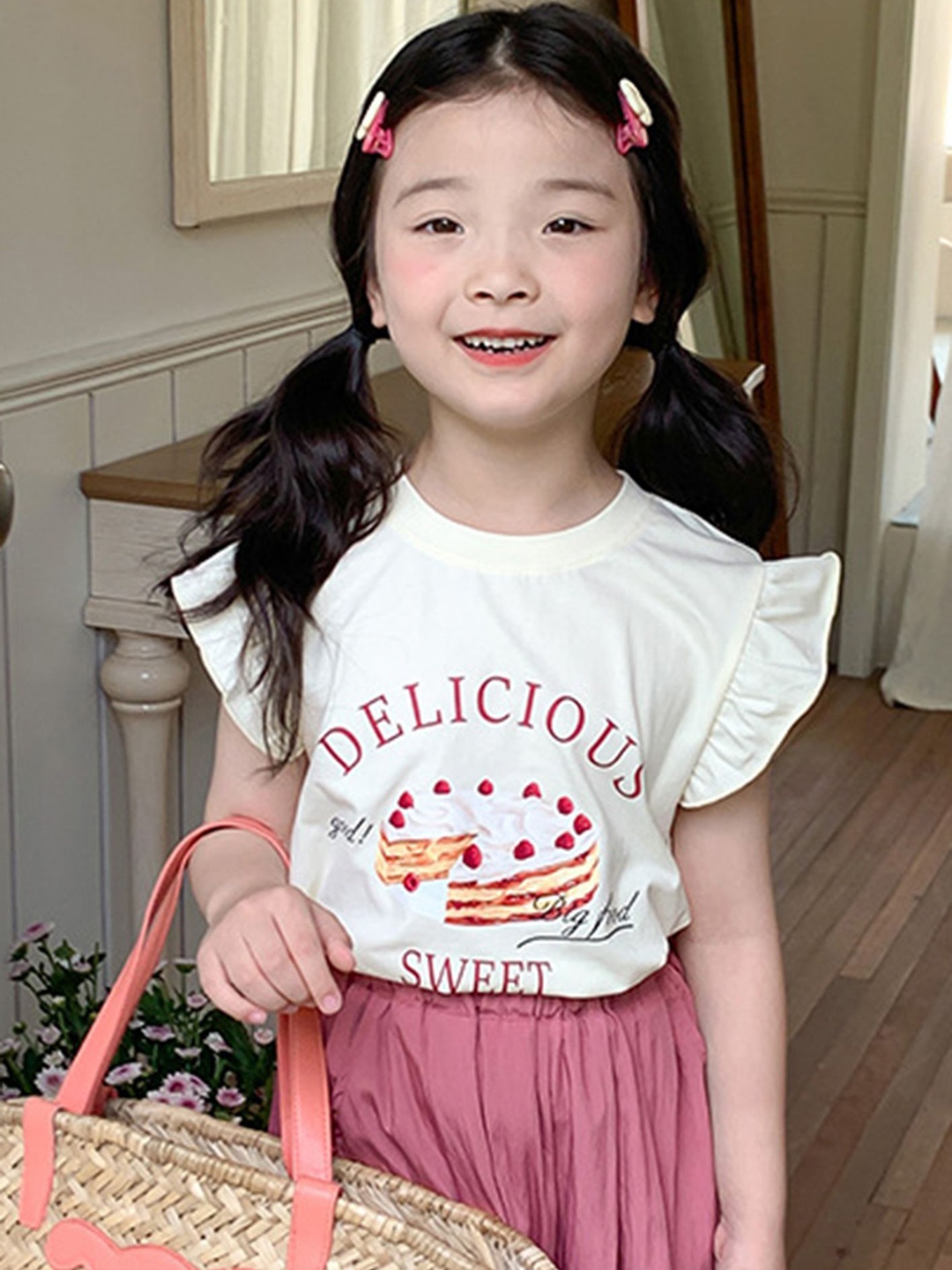 

LULU & SKY Girls Typography Printed Pockets T-shirt, Beige