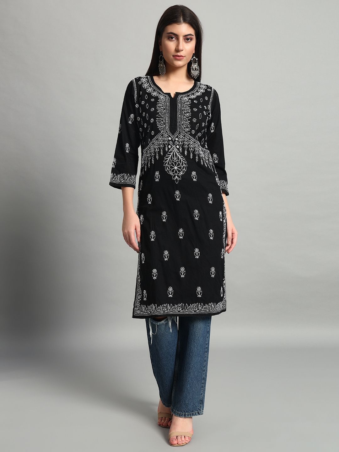 

Fashionable Chikan Handikraft Embroidered Pure Cotton Straight Kurtas, Black